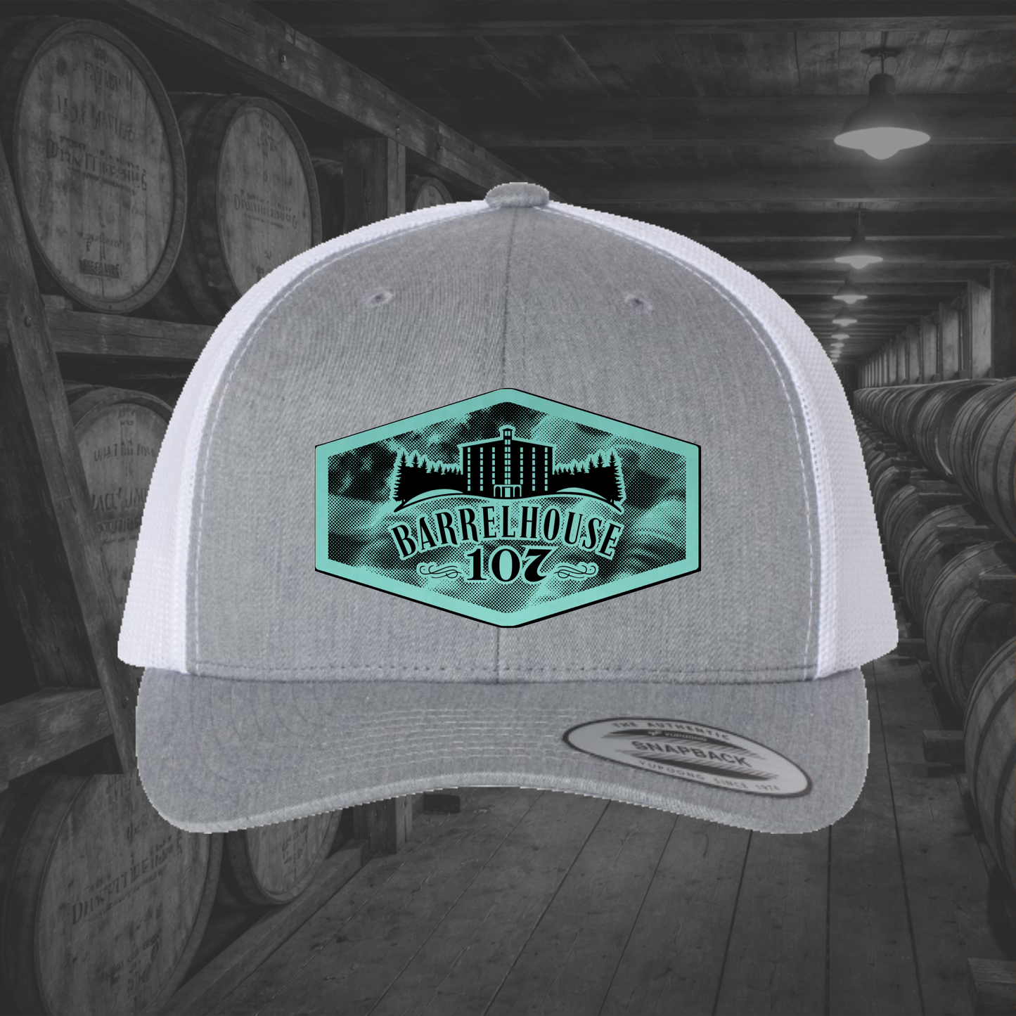 Barrelhouse 107 American Flag Background Engraved Leather Patch Hats