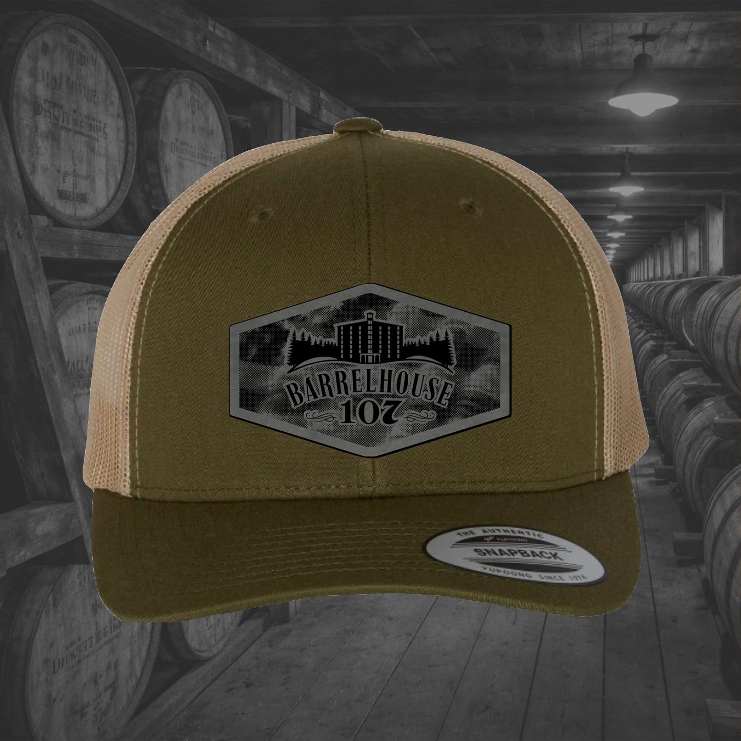 Barrelhouse 107 American Flag Background Engraved Leather Patch Hats