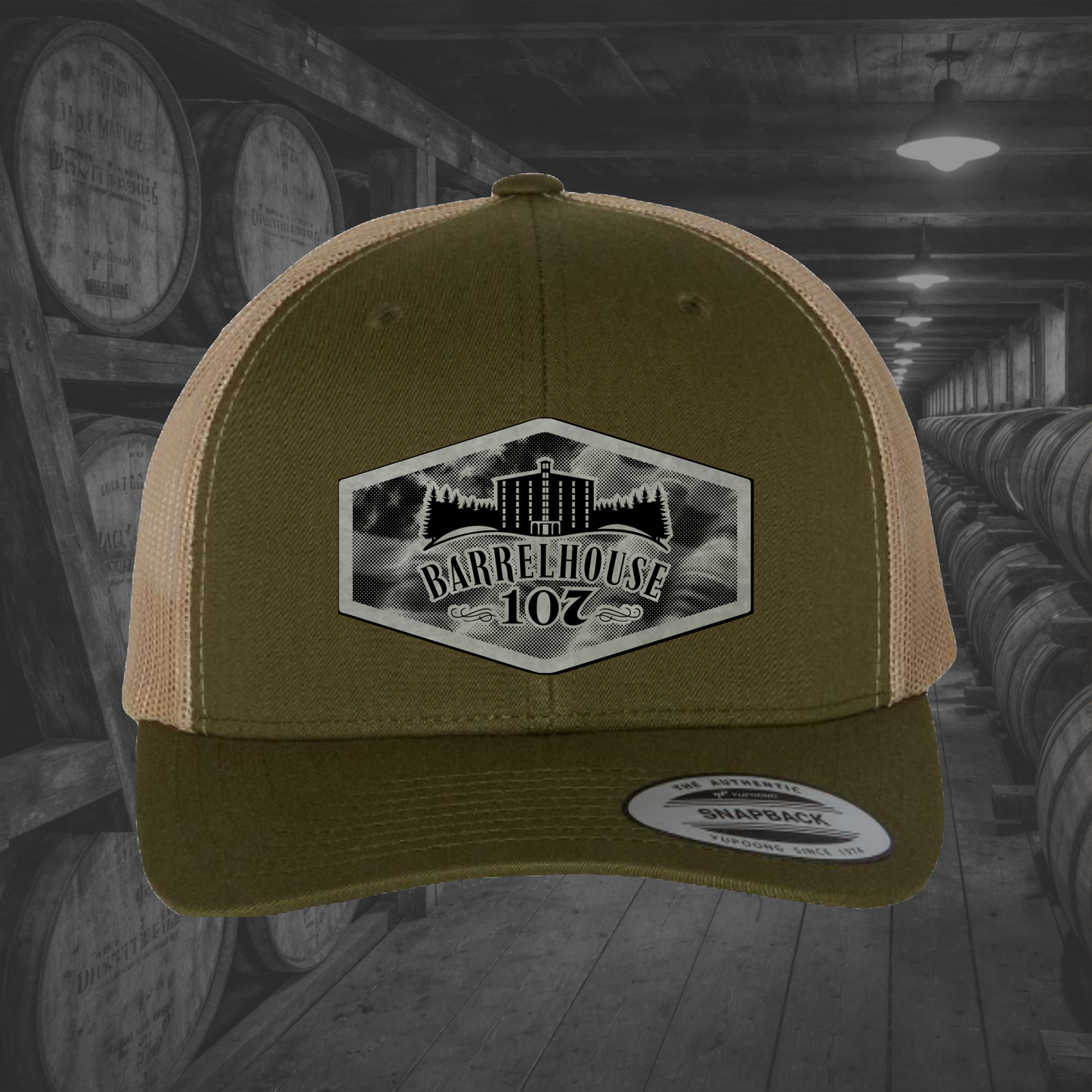 Barrelhouse 107 American Flag Background Engraved Leather Patch Hats