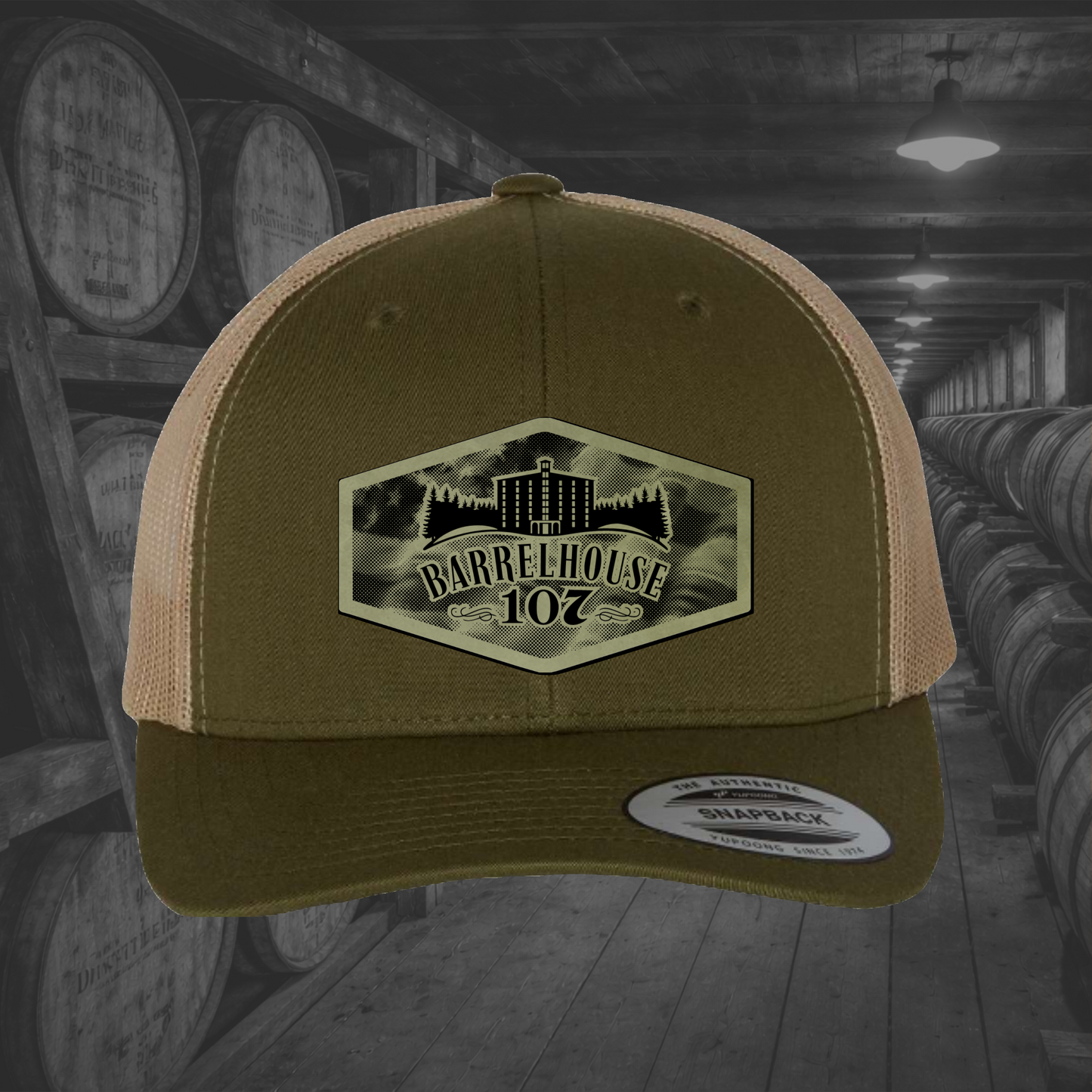 Barrelhouse 107 American Flag Background Engraved Leather Patch Hats