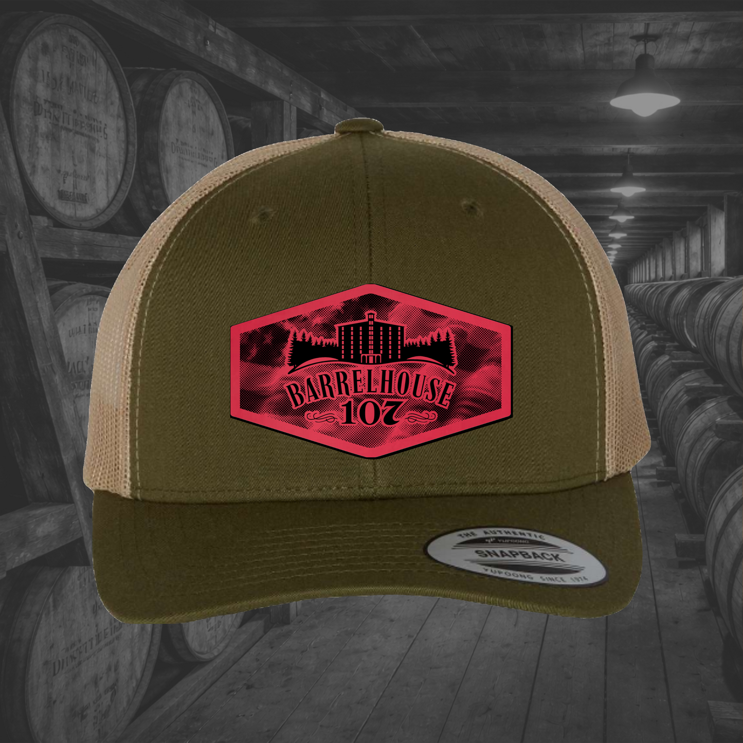 Barrelhouse 107 American Flag Background Engraved Leather Patch Hats