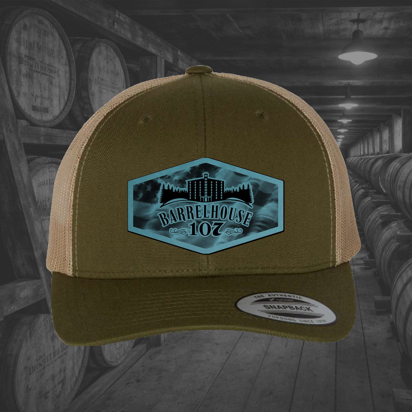 Barrelhouse 107 American Flag Background Engraved Leather Patch Hats
