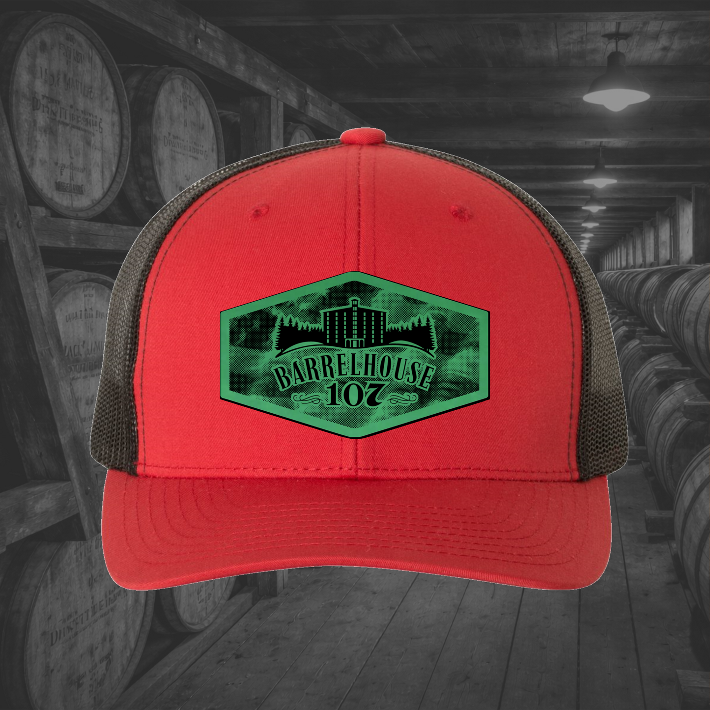 Barrelhouse 107 American Flag Background Engraved Leather Patch Hats
