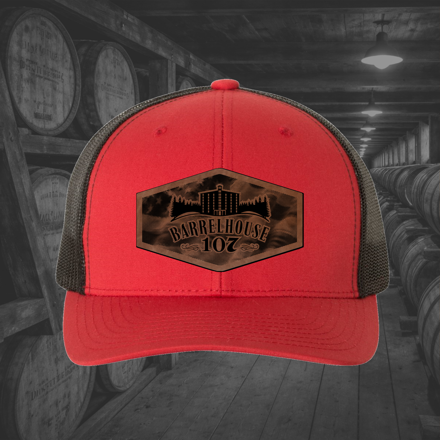 Barrelhouse 107 American Flag Background Engraved Leather Patch Hats