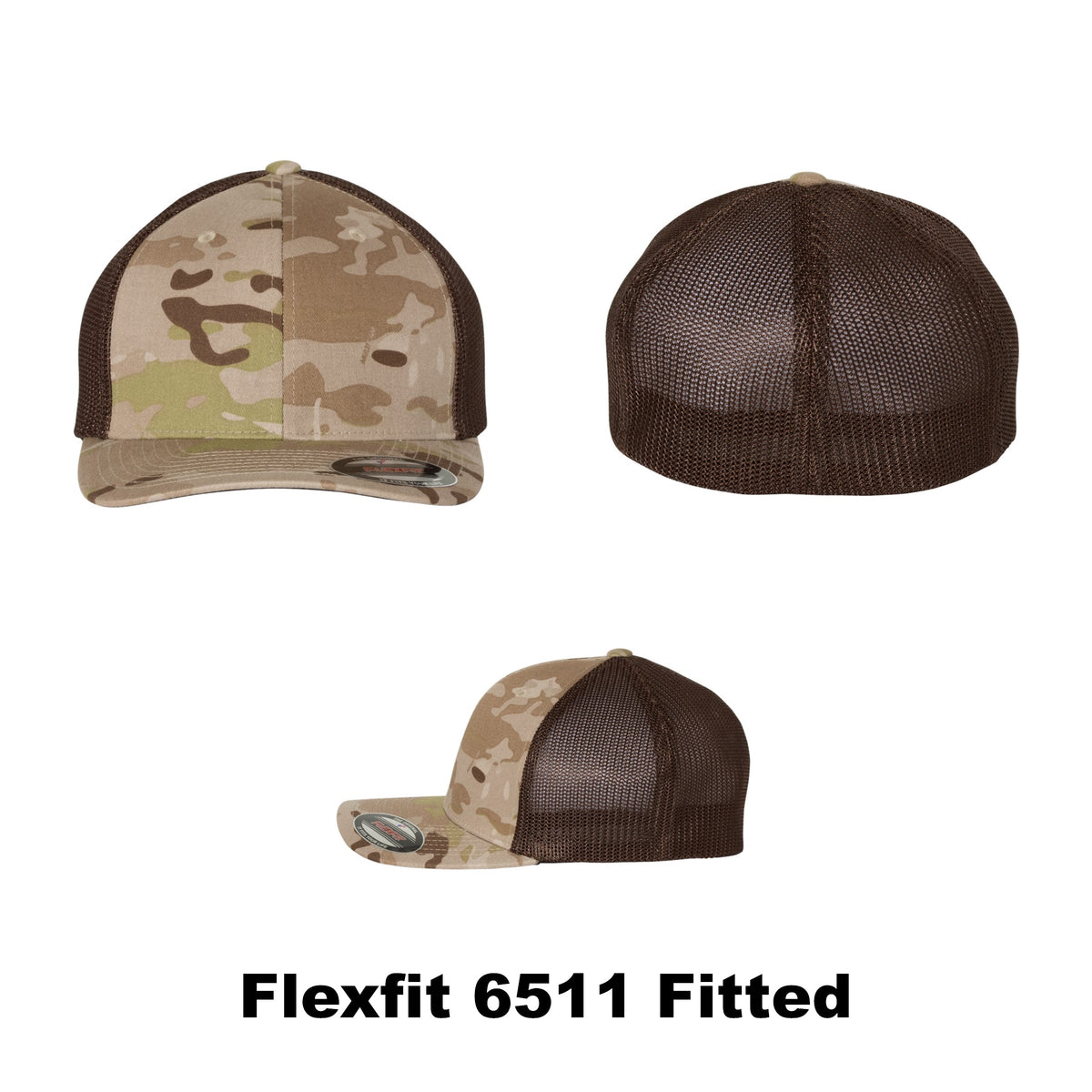 Blank Flexfit Fitted 6511 L/XL (Multicam / Coyote Brown) cap for hat style and color reference; 2x3-inch VELCRO® Brand loop panel not shown