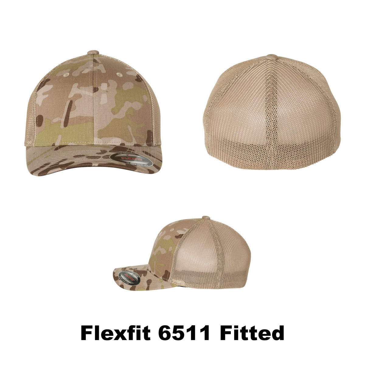 Blank Flexfit Fitted 6511 L/XL (Multicam / Desert Tan) cap for hat style and color reference; 2x3-inch VELCRO® Brand loop panel not shown