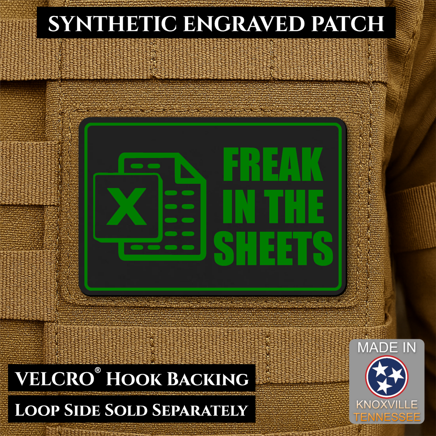 Black & Green laser engraved Freak in the Sheets morale patch featuring a spreadsheet icon and humorous office design