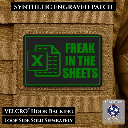Black & Green laser engraved Freak in the Sheets morale patch featuring a spreadsheet icon and humorous office design