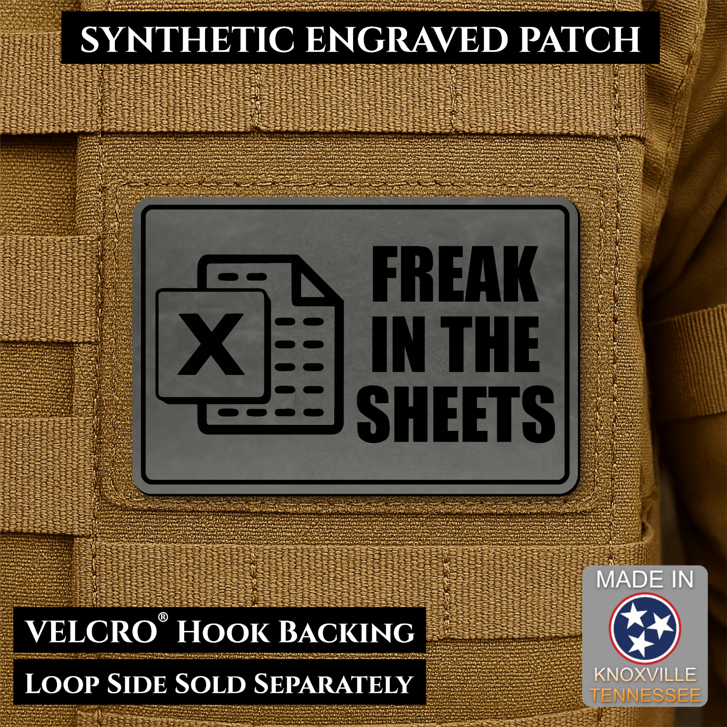 Charcoal Gray laser engraved Freak in the Sheets morale patch featuring a spreadsheet icon and humorous office design
