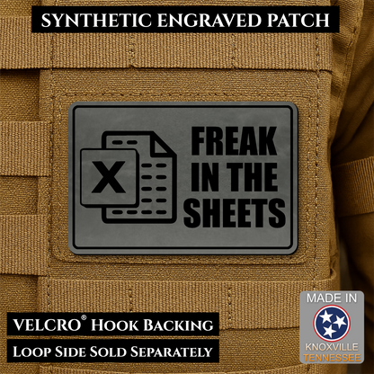 Charcoal Gray laser engraved Freak in the Sheets morale patch featuring a spreadsheet icon and humorous office design