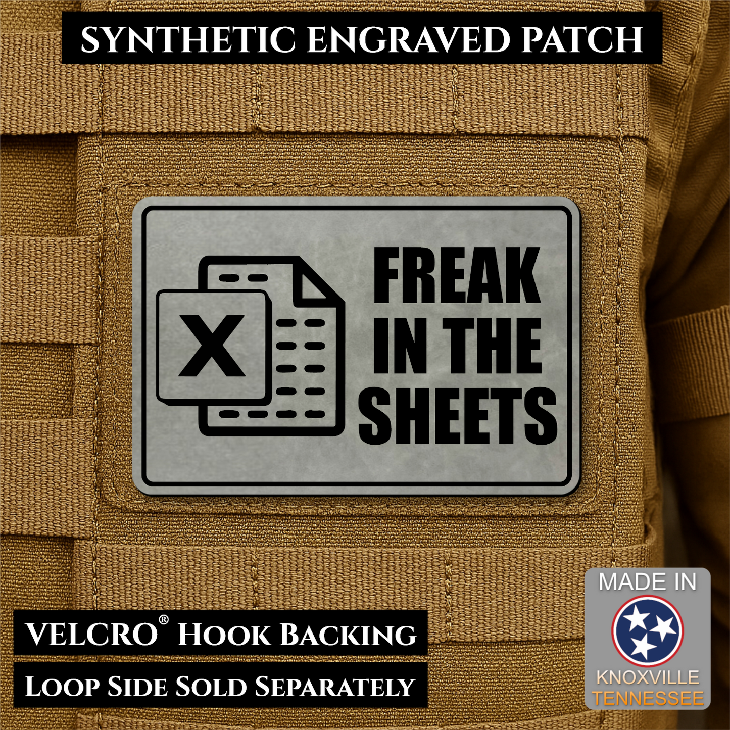 Gray laser engraved Freak in the Sheets morale patch featuring a spreadsheet icon and humorous office design