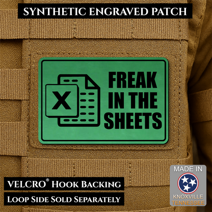 Green laser engraved Freak in the Sheets morale patch featuring a spreadsheet icon and humorous office design