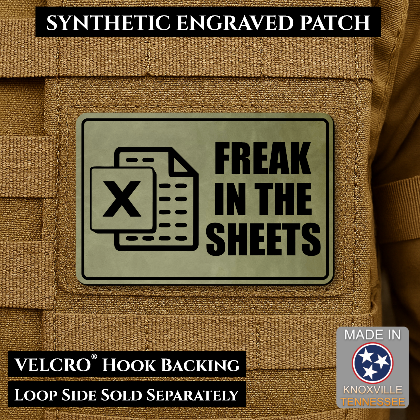 Olive laser engraved Freak in the Sheets morale patch featuring a spreadsheet icon and humorous office design
