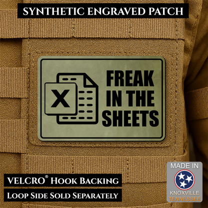 Olive laser engraved Freak in the Sheets morale patch featuring a spreadsheet icon and humorous office design