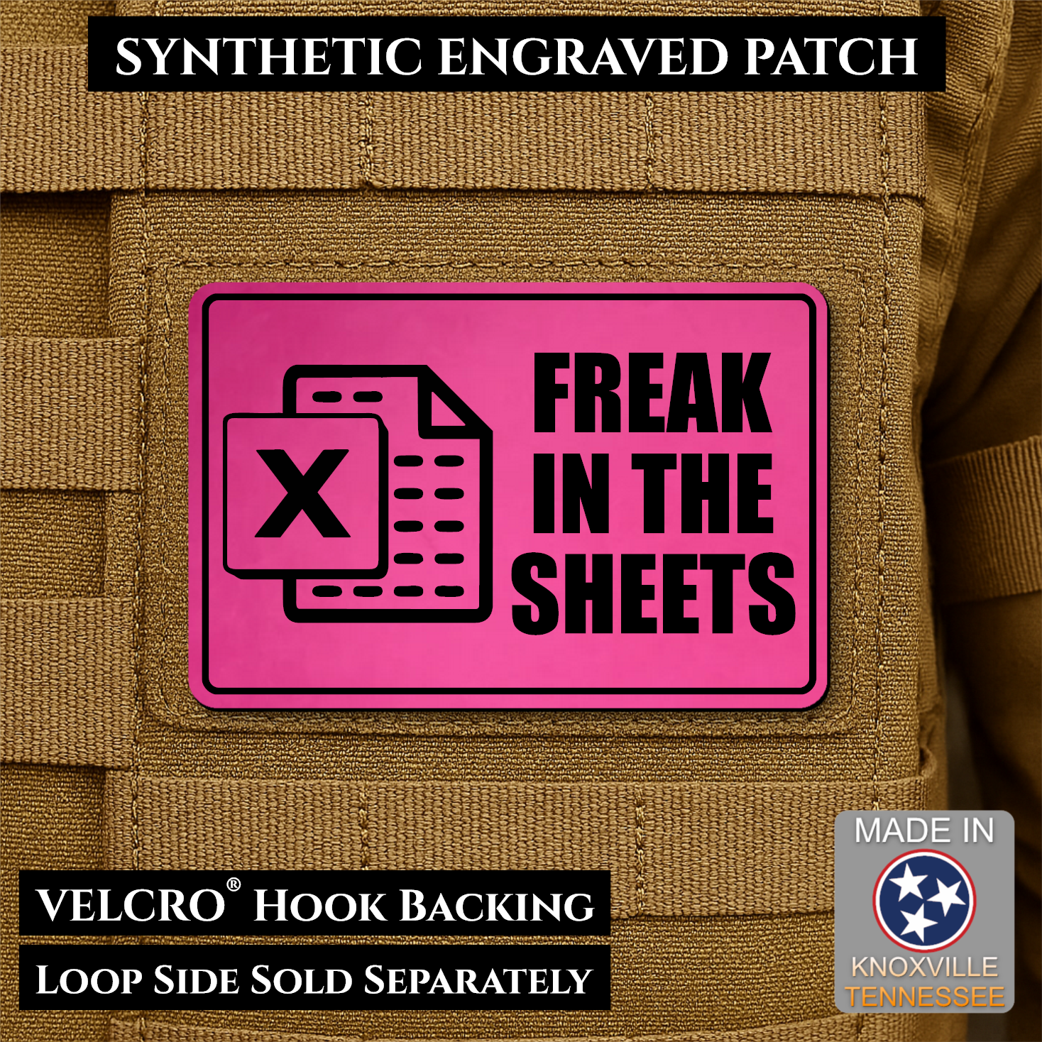 Pink laser engraved Freak in the Sheets morale patch featuring a spreadsheet icon and humorous office design
