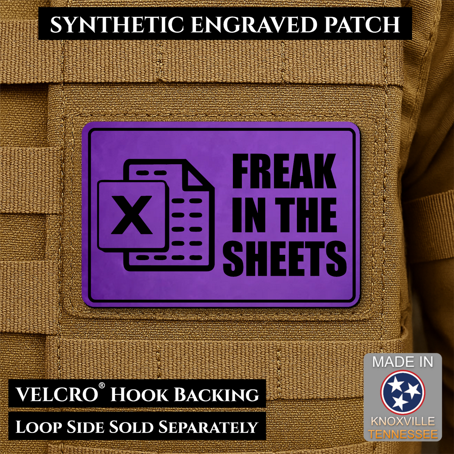 Purple laser engraved Freak in the Sheets morale patch featuring a spreadsheet icon and humorous office design