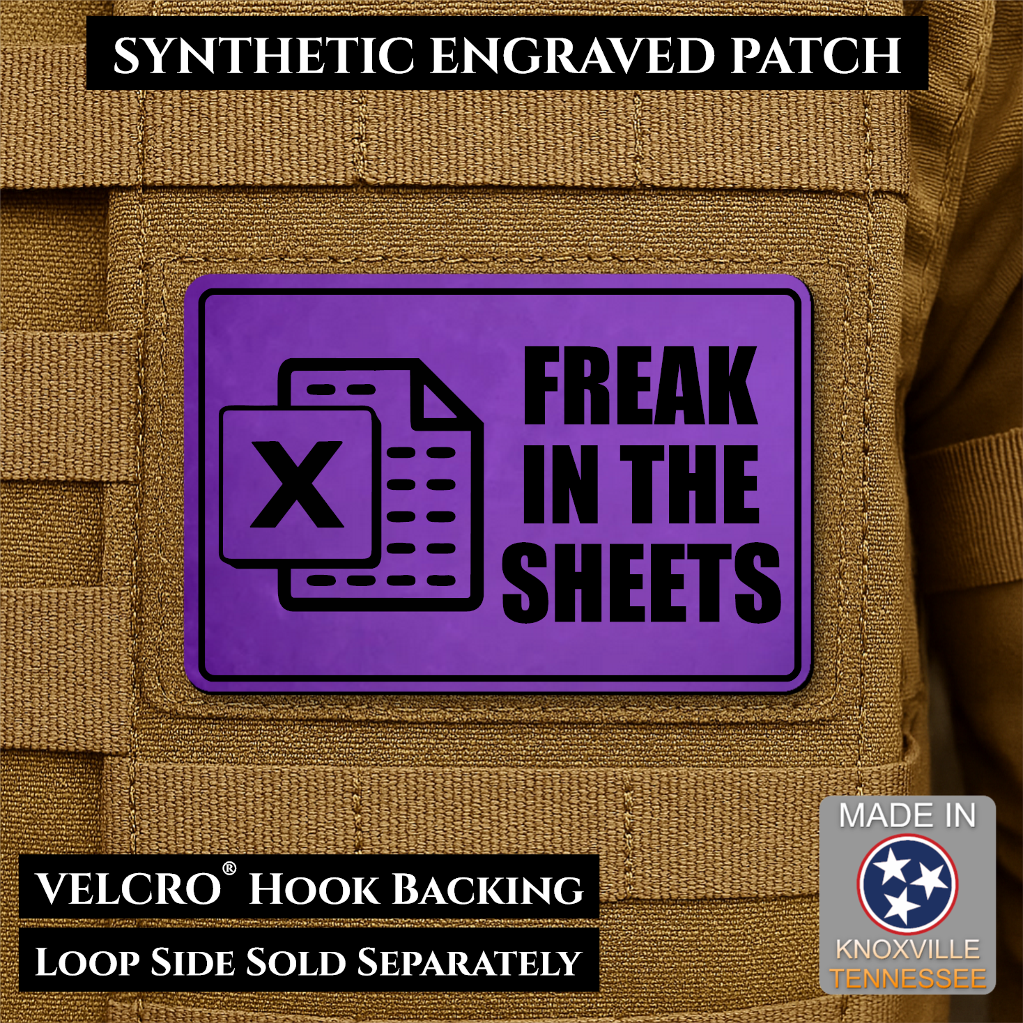 Purple laser engraved Freak in the Sheets morale patch featuring a spreadsheet icon and humorous office design