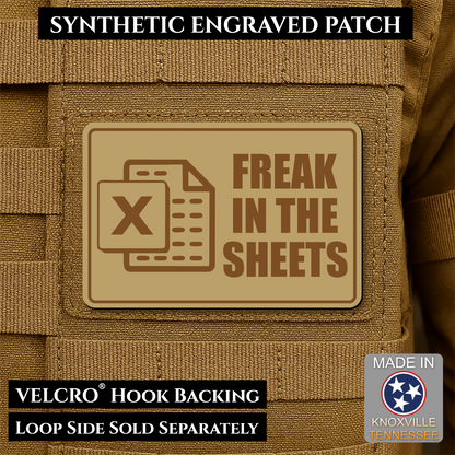Desert Tan laser engraved Freak in the Sheets morale patch featuring a spreadsheet icon and humorous office design