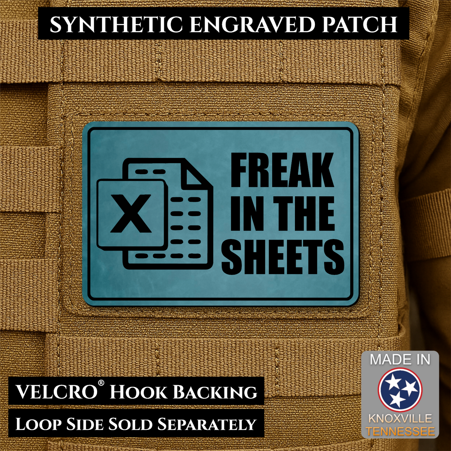 Topaz Blue laser engraved Freak in the Sheets morale patch featuring a spreadsheet icon and humorous office design