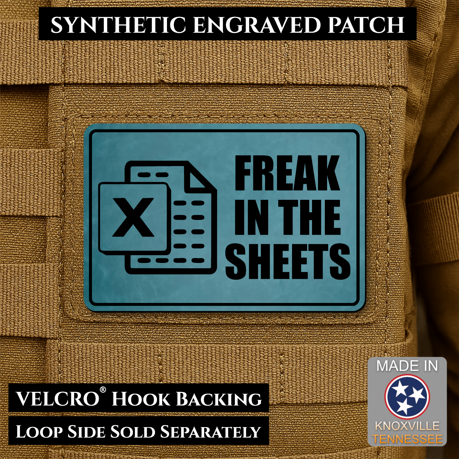 Topaz Blue laser engraved Freak in the Sheets morale patch featuring a spreadsheet icon and humorous office design