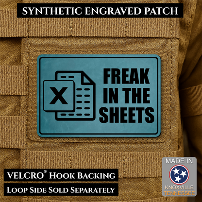 Topaz Blue laser engraved Freak in the Sheets morale patch featuring a spreadsheet icon and humorous office design
