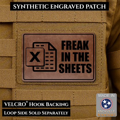 Walnut Leather laser engraved Freak in the Sheets morale patch featuring a spreadsheet icon and humorous office design