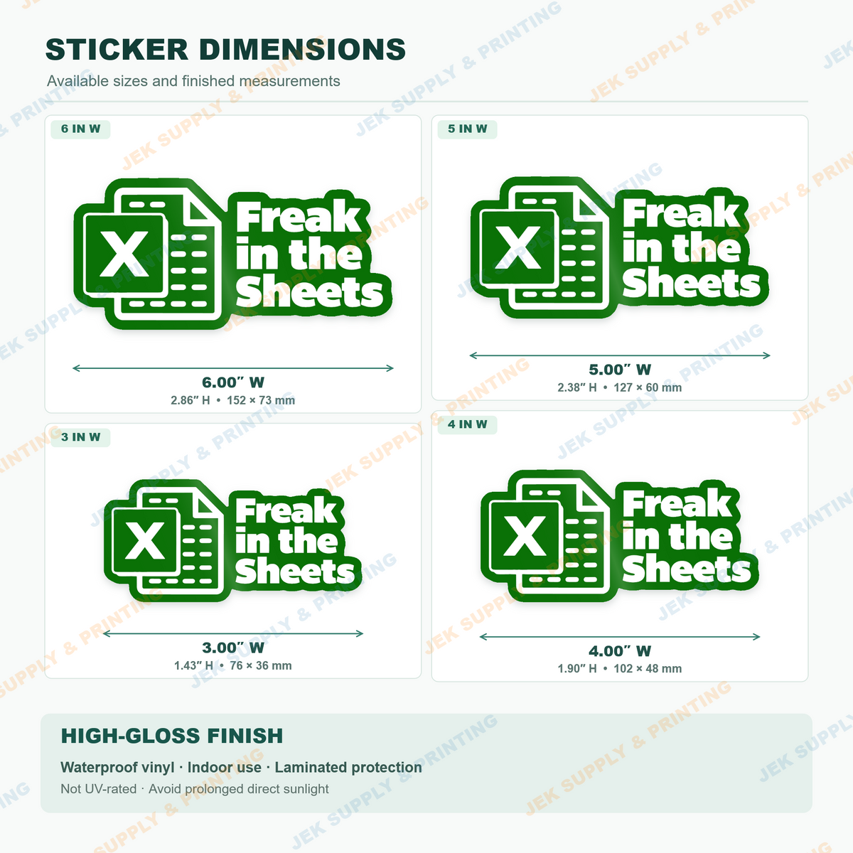 Freak in the Sheets green and white spreadsheet humor sticker size chart showing 3, 4, 5 and 6 inch options