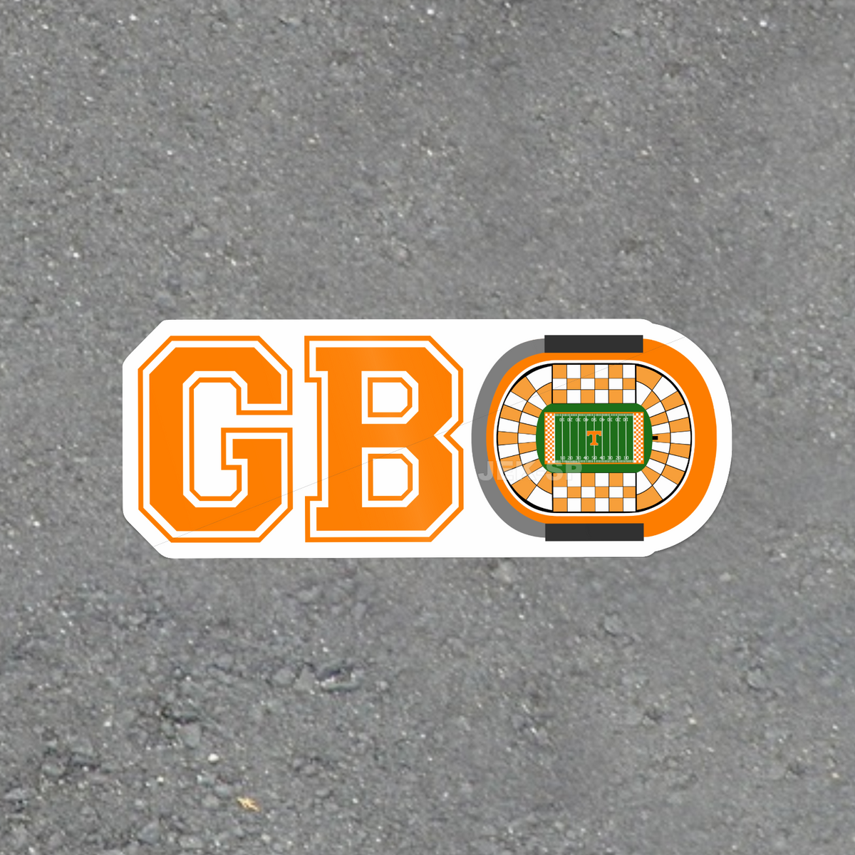 Go Big Orange GBO Tennessee football game day sticker with orange letters and stadium illustration