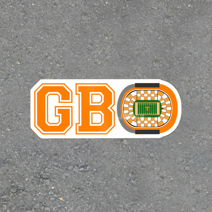 Go Big Orange GBO Tennessee football game day sticker with orange letters and stadium illustration