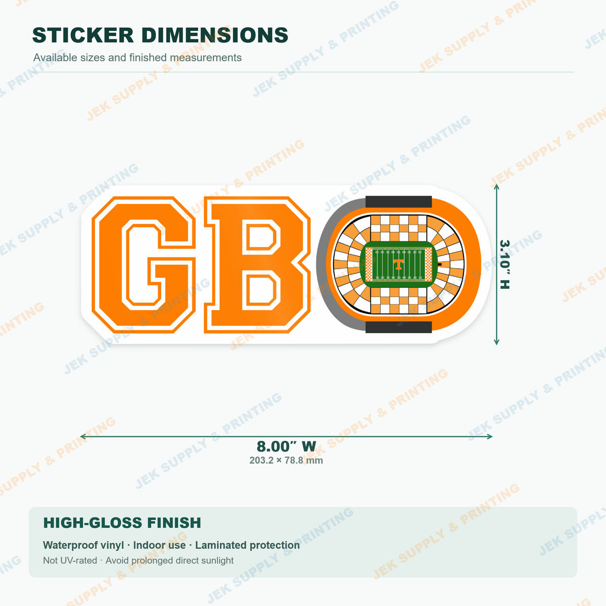 Go Big Orange GBO Tennessee football sticker 8 inch width size diagram