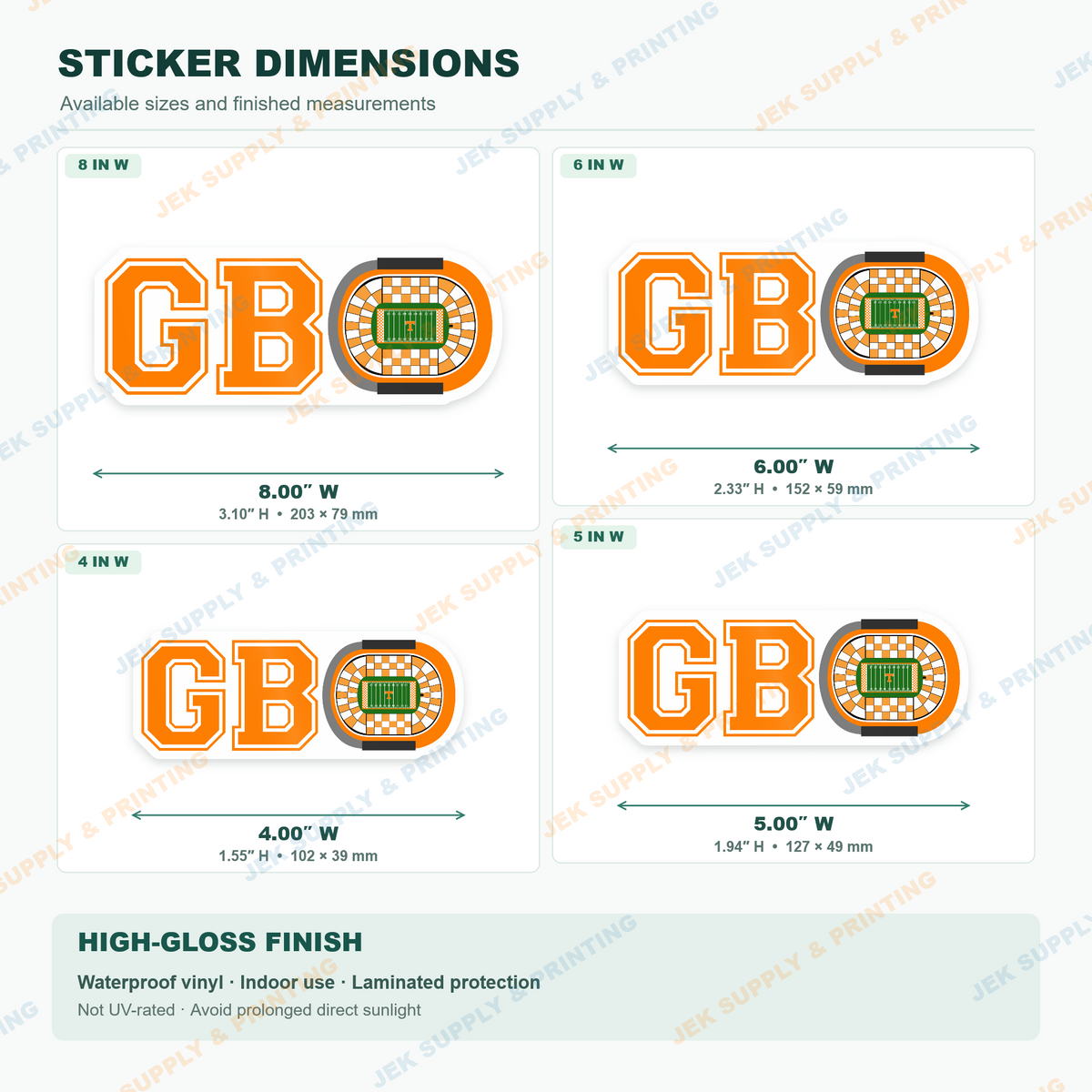 Go Big Orange GBO football sticker size comparison, 4, 5, 6 and 8 inch widths