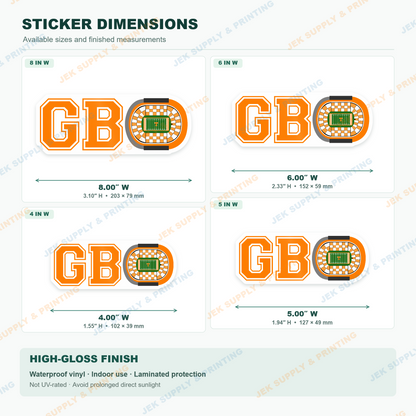 Go Big Orange GBO football sticker size comparison, 4, 5, 6 and 8 inch widths