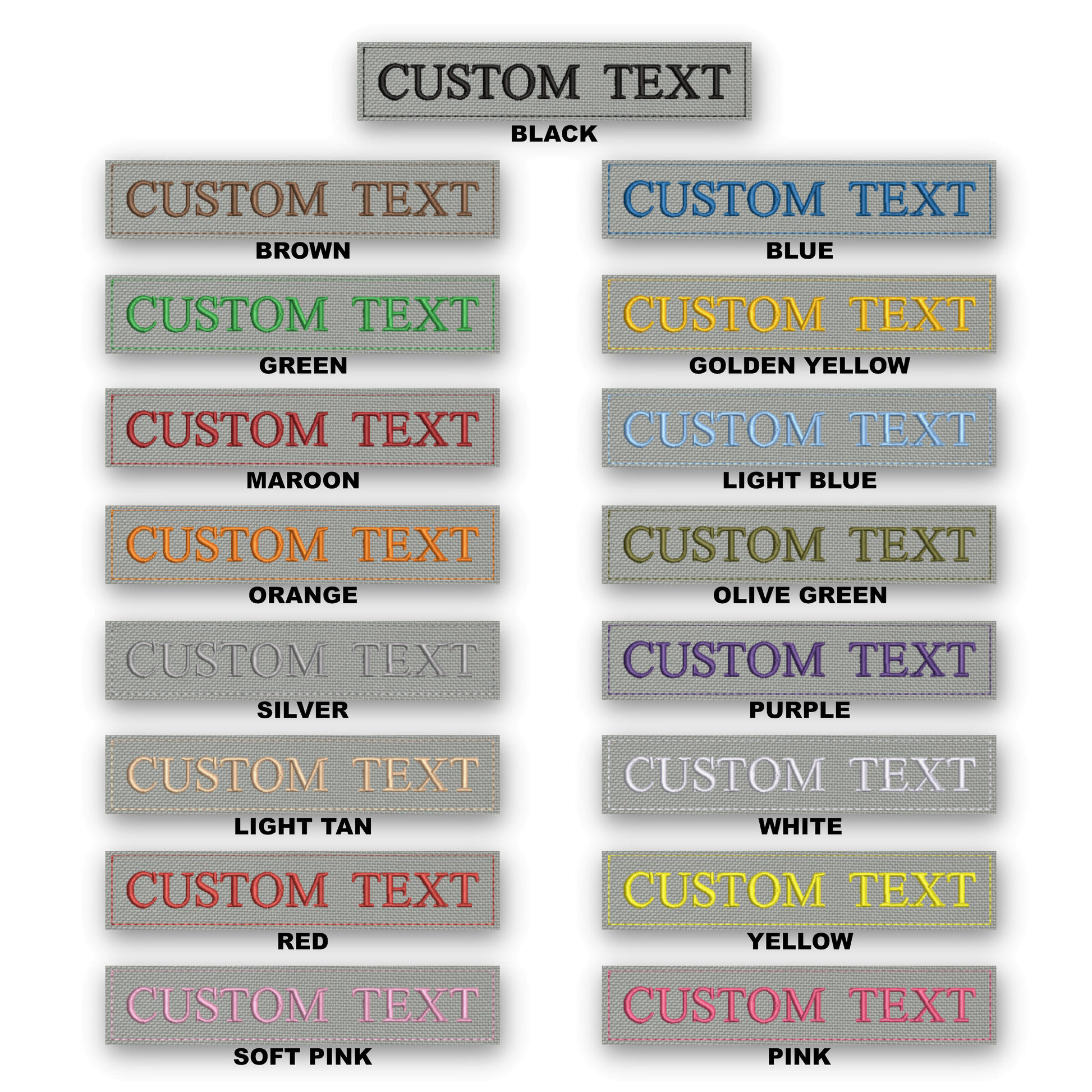 A color-options chart showing multiple rectangular label designs with the words 'CUSTOM TEXT' and labels beneath them, including black, brown, green, maroon, orange, light blue, olive green, silver, purple, light tan, white, red, yellow, and soft pink. A gray header at the top reads 'CUSTOM TEXT'.