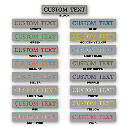 A color-options chart showing multiple rectangular label designs with the words 'CUSTOM TEXT' and labels beneath them, including black, brown, green, maroon, orange, light blue, olive green, silver, purple, light tan, white, red, yellow, and soft pink. A gray header at the top reads 'CUSTOM TEXT'.