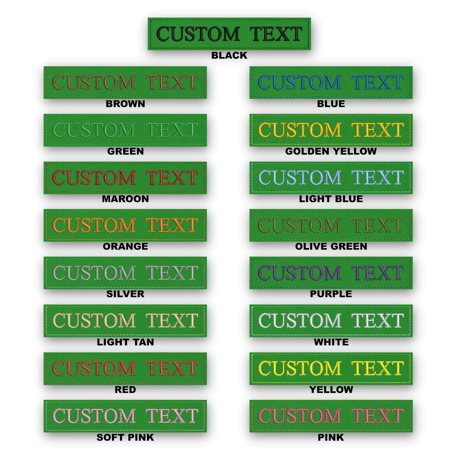 A product display sheet showing multiple rectangular patches with customizable text on a white background. The top patch reads 'CUSTOM TEXT' in black.