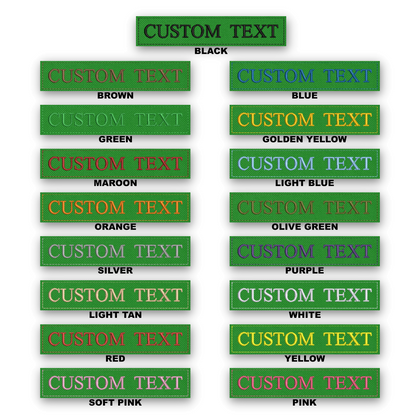 A product display sheet showing multiple rectangular patches with customizable text on a white background. The top patch reads 'CUSTOM TEXT' in black.