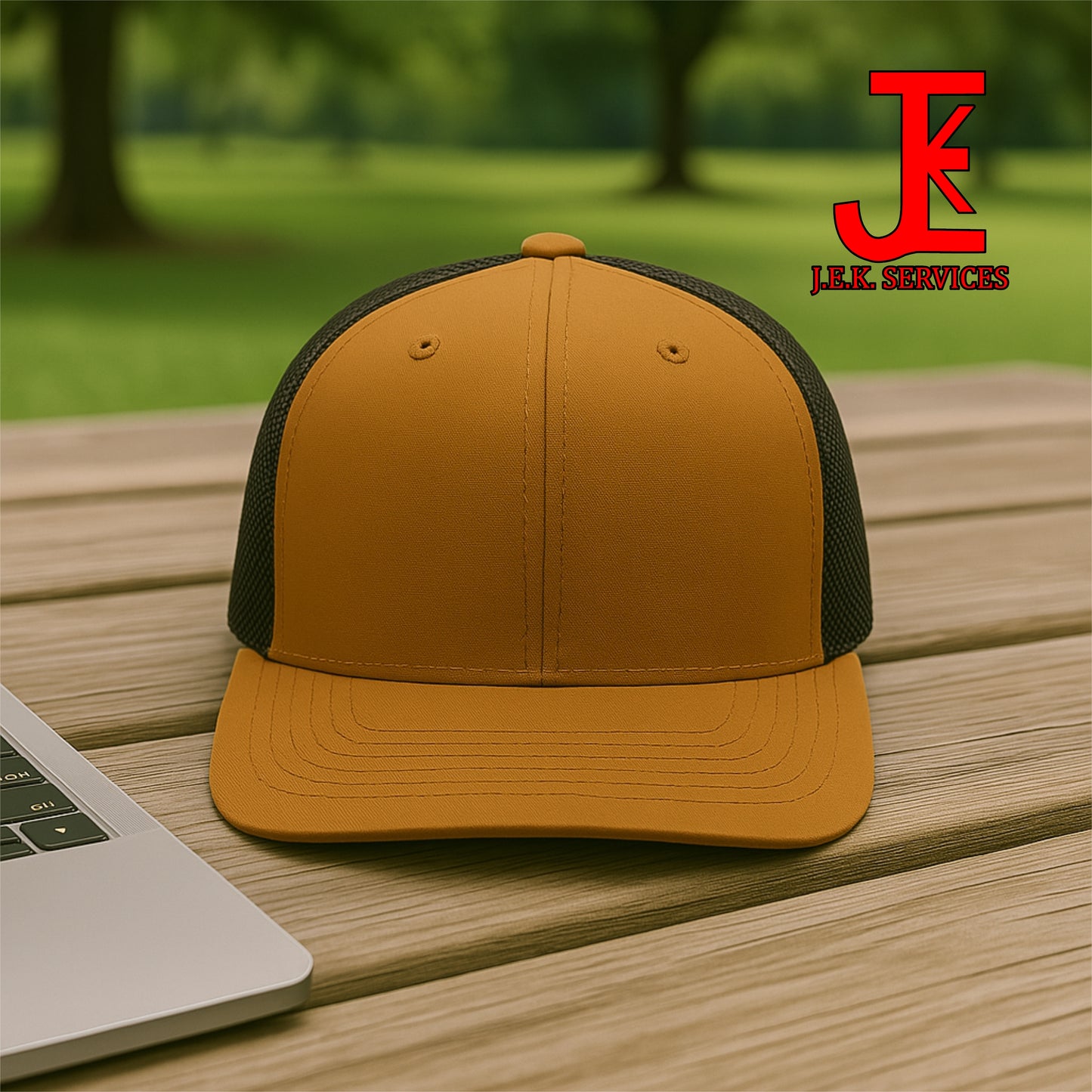 Brown and black cap on a wooden surface with a blurred green outdoor background