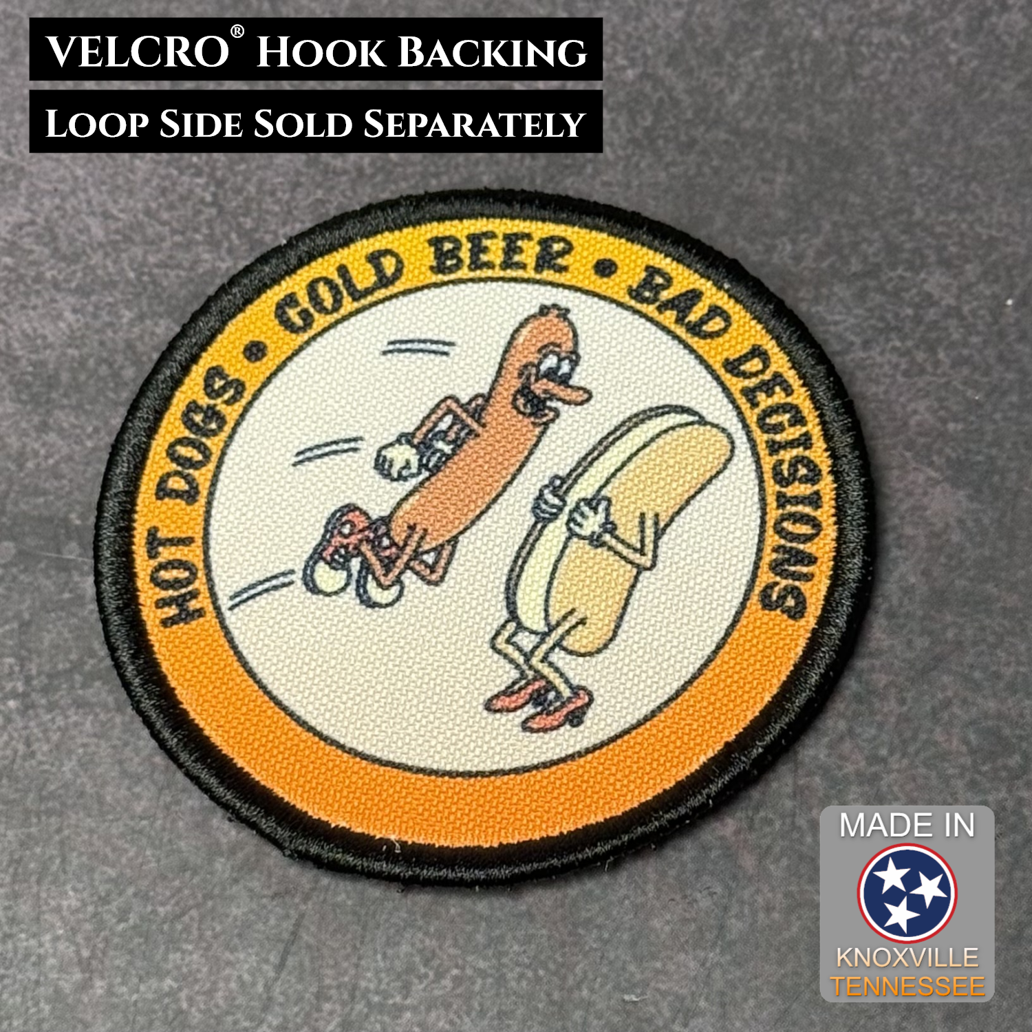 Round Hot Dogs Cold Beer Bad Decisions morale patch featuring retro cartoon hot dogs and humorous artwork with genuine VELCRO® backing.