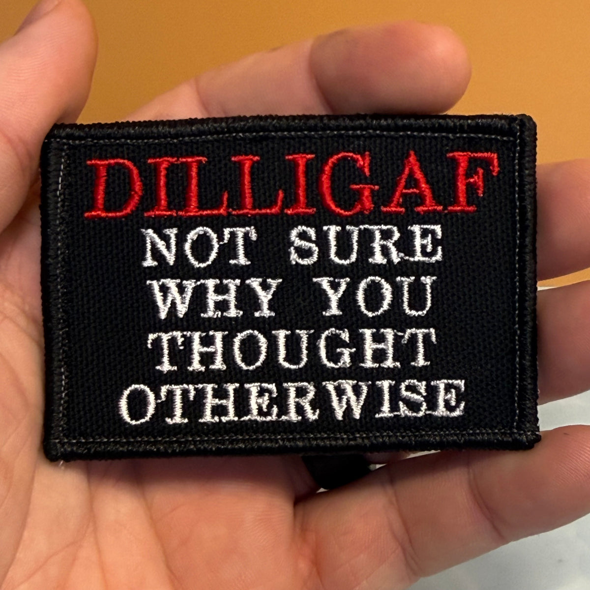 DILLIGAF Funny, I Don't Care Embroidered Morale Patch, 2x3" | VELCRO® Brand Hook Backing