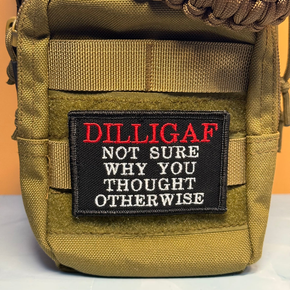 DILLIGAF Funny, I Don't Care Embroidered Morale Patch, 2x3" | VELCRO® Brand Hook Backing