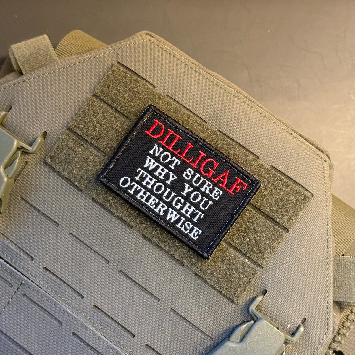 DILLIGAF Funny, I Don't Care Embroidered Morale Patch, 2x3" | VELCRO® Brand Hook Backing