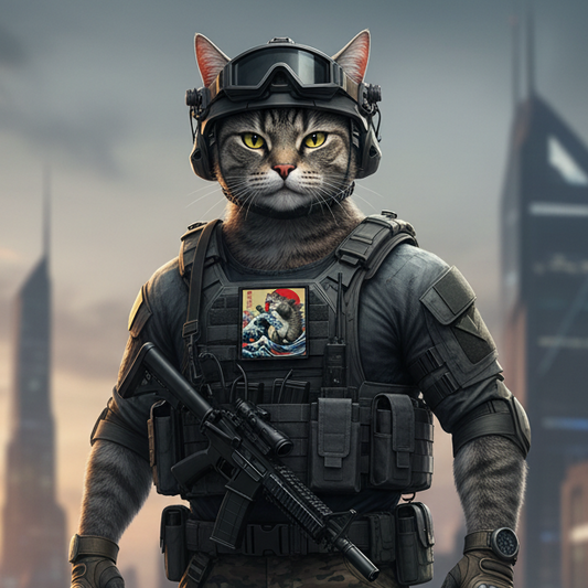 Cat in tactical gear with a rifle against a cityscape background