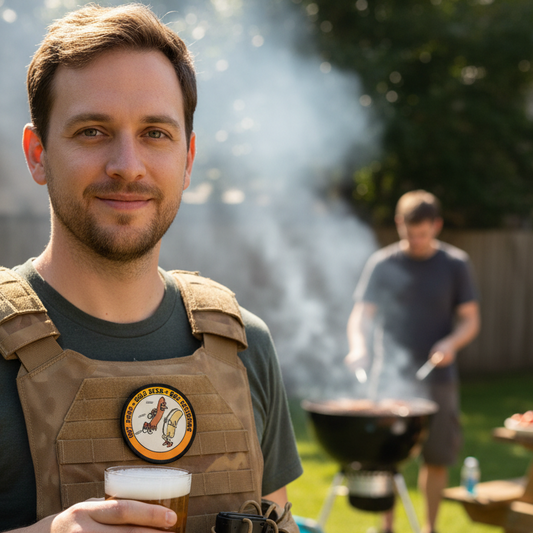 Man holding a beer in a backyard setting with another person and grill in the background