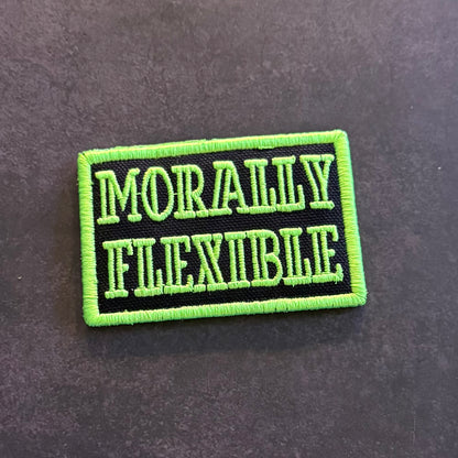 Black and neon green embroidered Morally Flexible morale patch with VELCRO hook backing