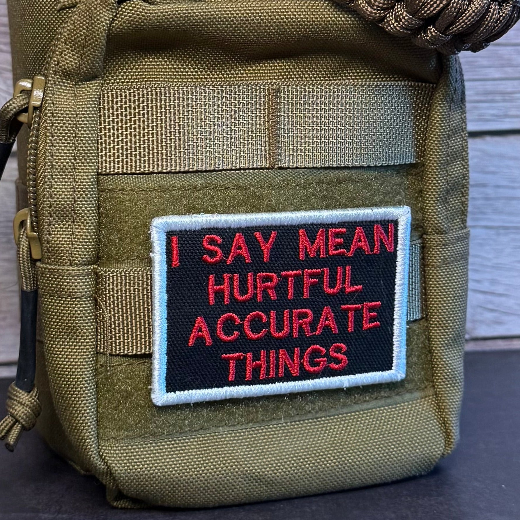 An olive drab tactical pouch with a woven strap, featuring a rectangular patch that reads 'I SAY MEAN HURTFUL ACCURATE THINGS' in red text on a black background with a white border.