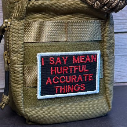 An olive drab tactical pouch with a woven strap, featuring a rectangular patch that reads 'I SAY MEAN HURTFUL ACCURATE THINGS' in red text on a black background with a white border.