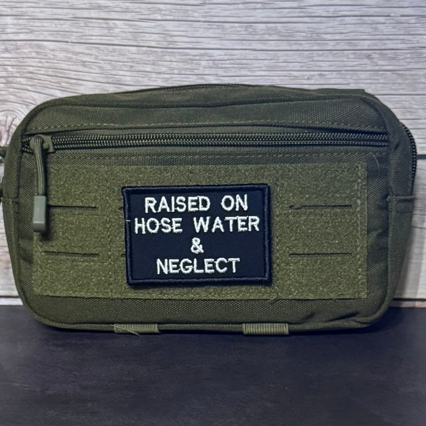 Raised on Hose Water & Neglect Funny Morale Patch, 2x3" | Made in USA | VELCRO® Brand Hook Backing
