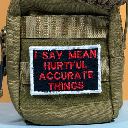 An embroidered tactical patch with the text 'I SAY MEAN HURTFUL ACCURATE THINGS' in red on a black background with a white border, shown attached to an olive drab MOLLE pouch.