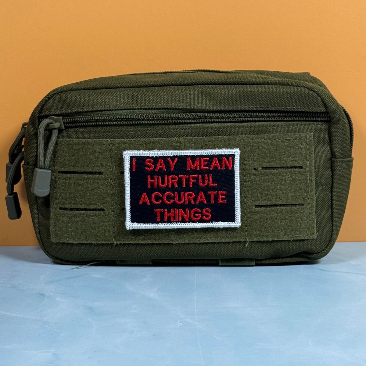 An olive green tactical pouch with a front zipper and a rectangular embroidered patch that reads 'I SAY MEAN HURTFUL ACCURATE THINGS' in red on a black background with a white border, set against an orange wall and light blue surface.