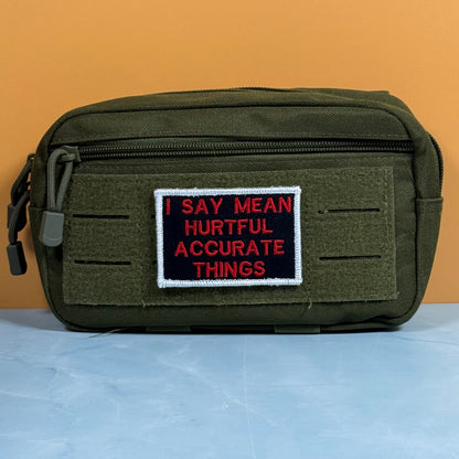 An olive green tactical pouch with a front zipper and a rectangular embroidered patch that reads 'I SAY MEAN HURTFUL ACCURATE THINGS' in red on a black background with a white border, set against an orange wall and light blue surface.